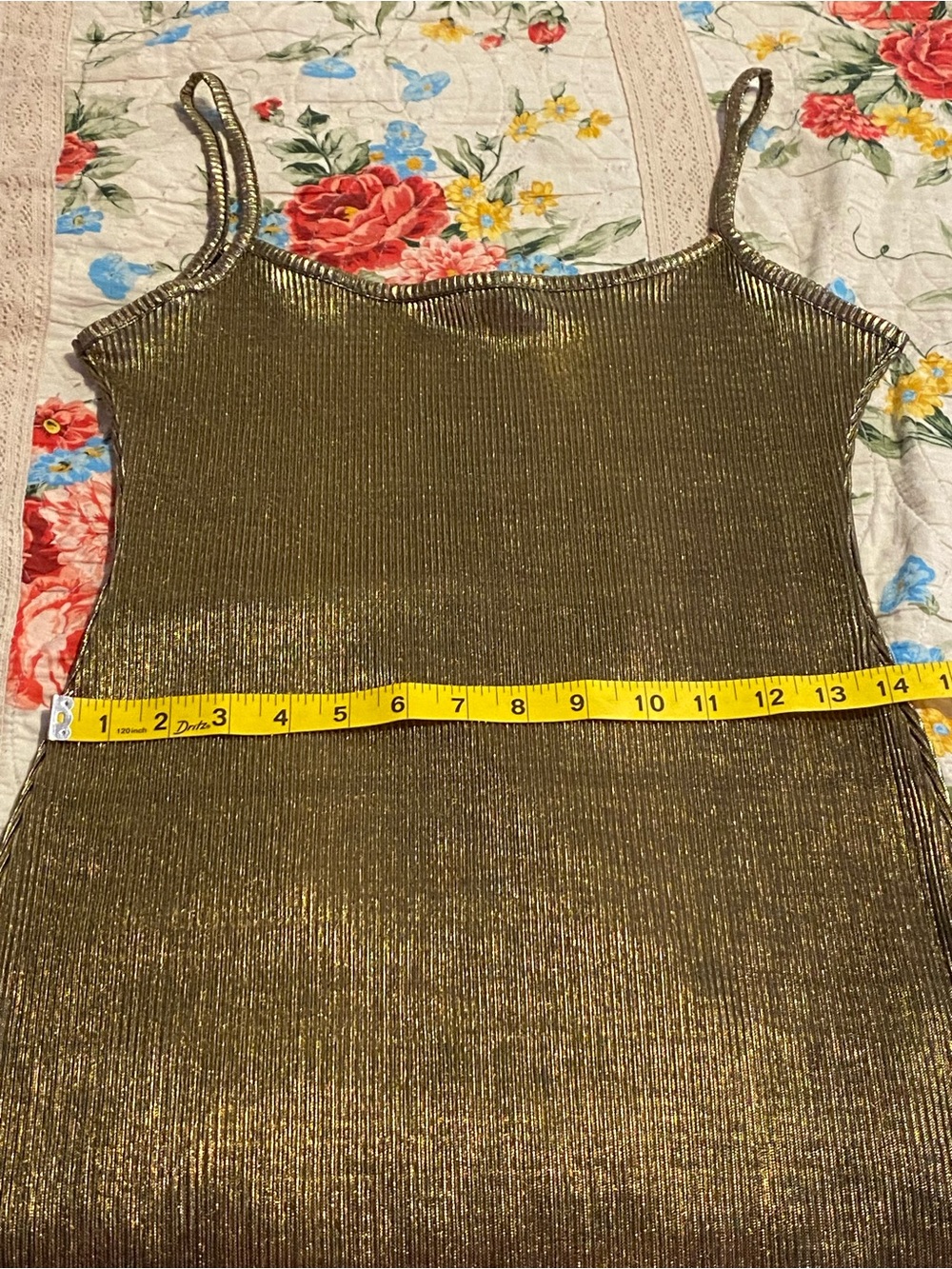 NWOT “BooHoo Night” party slip dress, metallic gold over black ribbed stretch, 4 - Picture 9 of 10